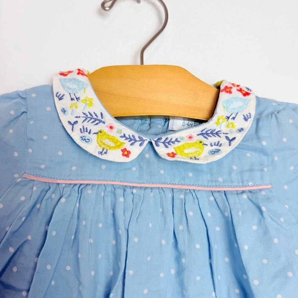 Baby Boden Blue Polka Dot Embroidered Bird Peter Pan Collar Dress Cotton Kids